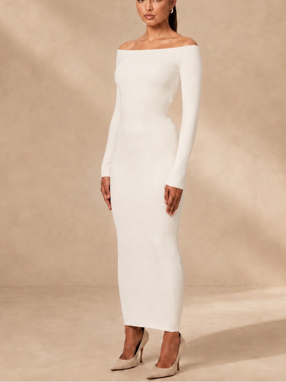 naked wardrobe Off-the-Shoulder Ribbed Maxi Dress in Ivory